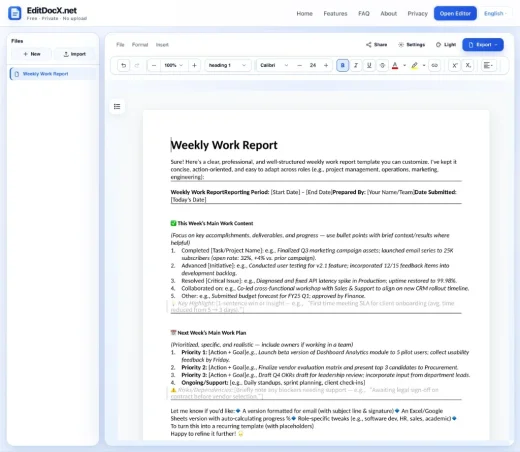 EditDocx Word editor with a DOCX document open